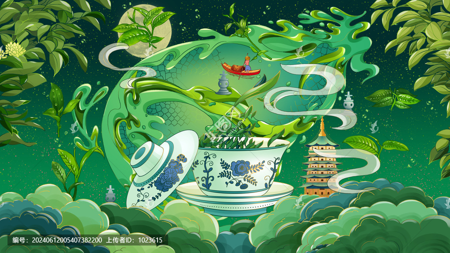 夏季古風(fēng)綠茶包裝養(yǎng)生主題插畫