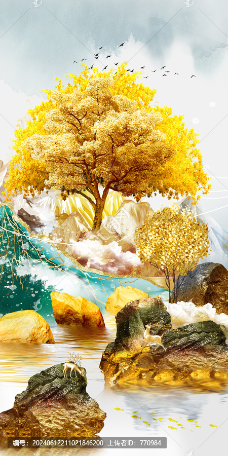 金色發(fā)財(cái)樹(shù)山水玄關(guān)