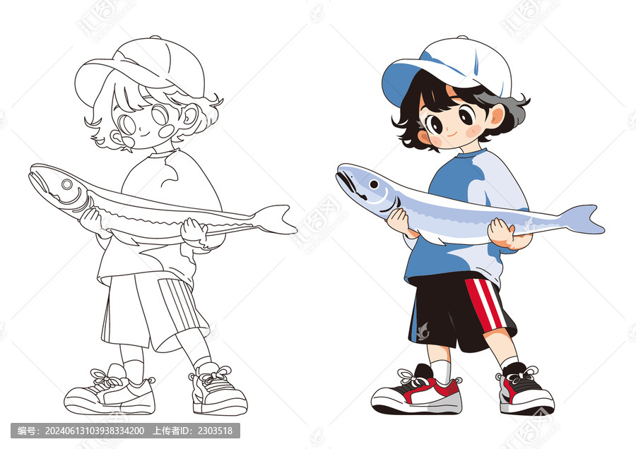 AI矢量抱著魚的可愛兒童正太