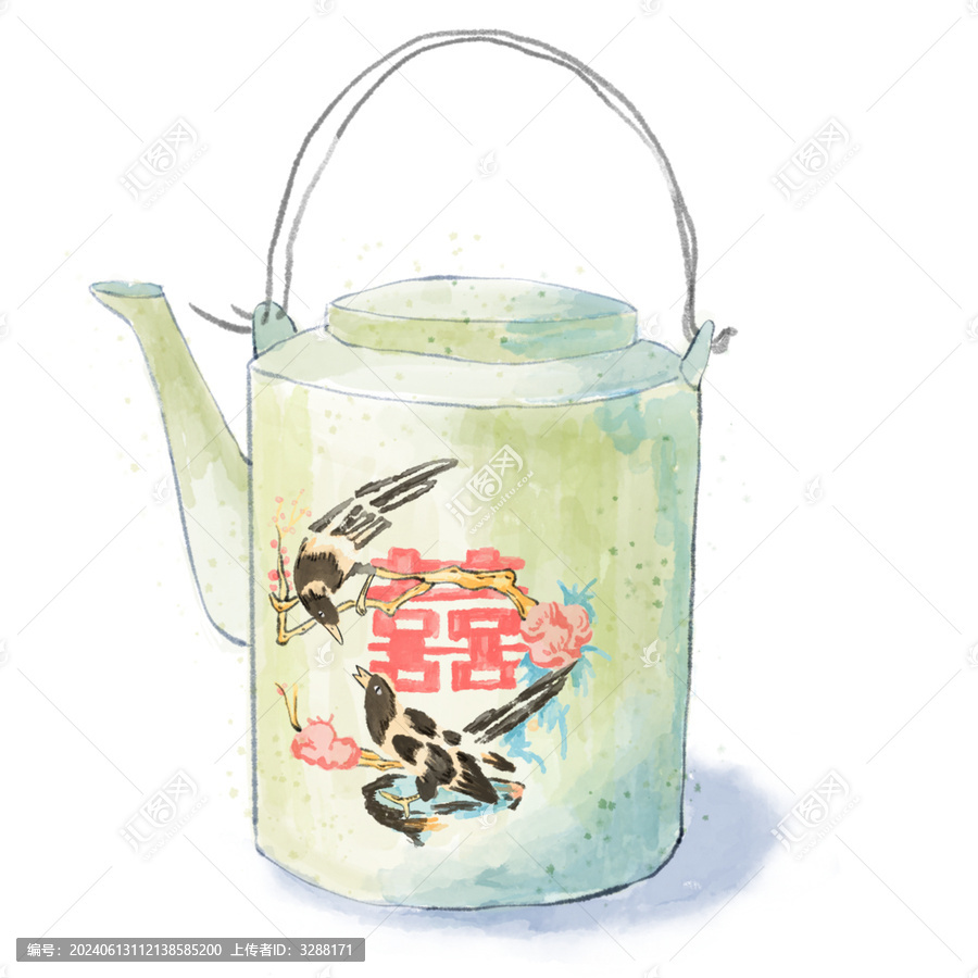 手繪水彩風(fēng)雙喜冷水壺免摳素材