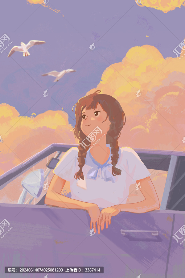 夕陽下女孩唯美插畫