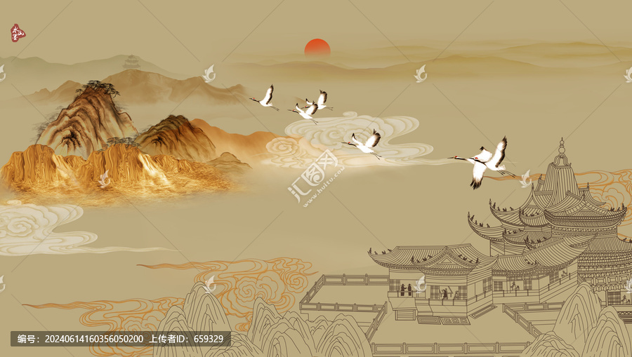 新中式背景墻壁畫