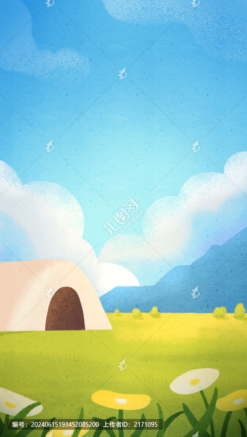 春天夏天戶外露營帳篷背景插畫