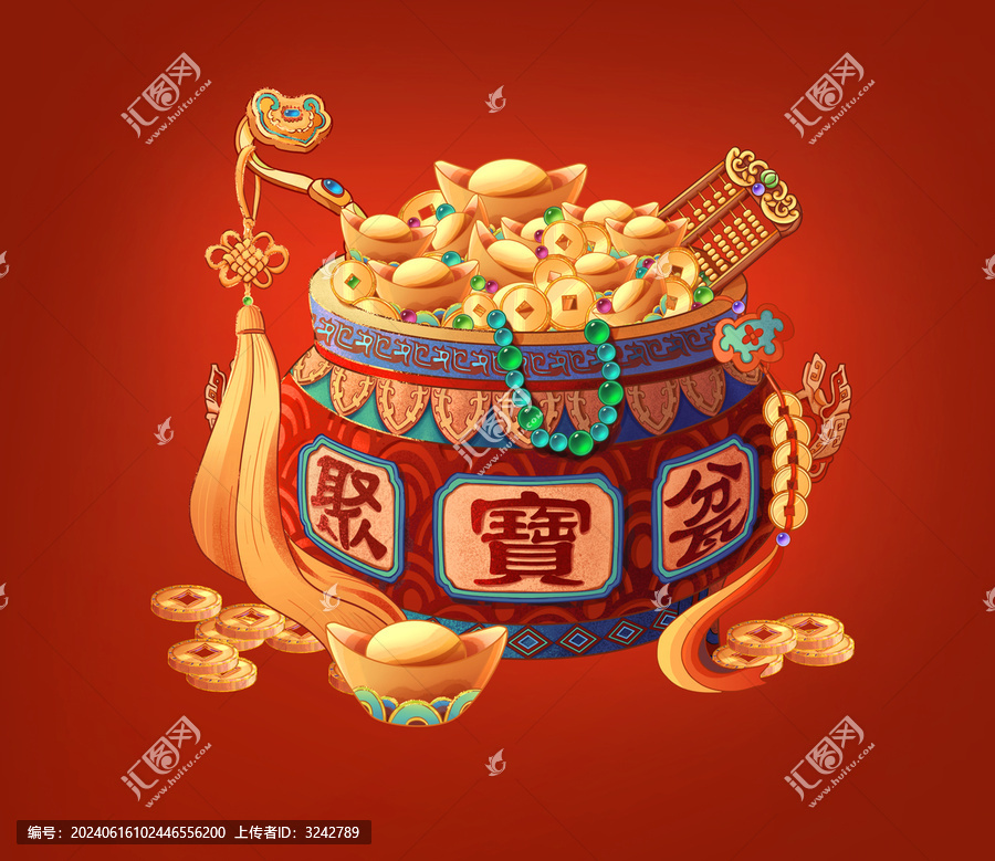 手繪國潮風格聚寶盆