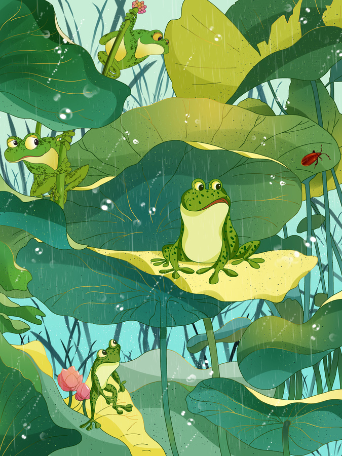 動(dòng)物在荷葉下躲雨插畫