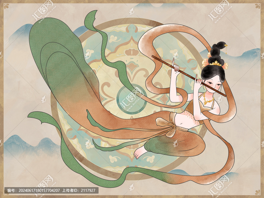 敦煌飛天仙女中國(guó)風(fēng)水墨插畫