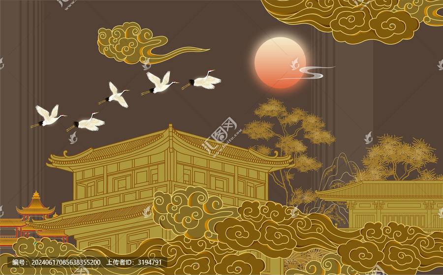 金色樓閣祥云矢量插畫