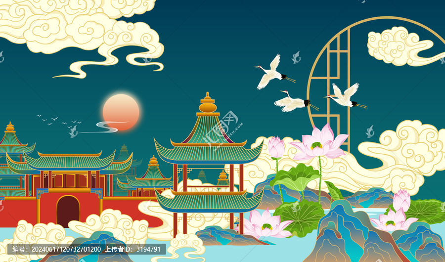 國風(fēng)山水亭臺樓閣插畫