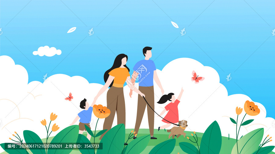 一家人在戶外遛狗散步插畫