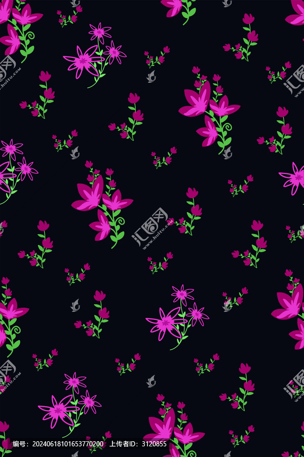 黑色紅花碎花四方連續(xù)布料圖案
