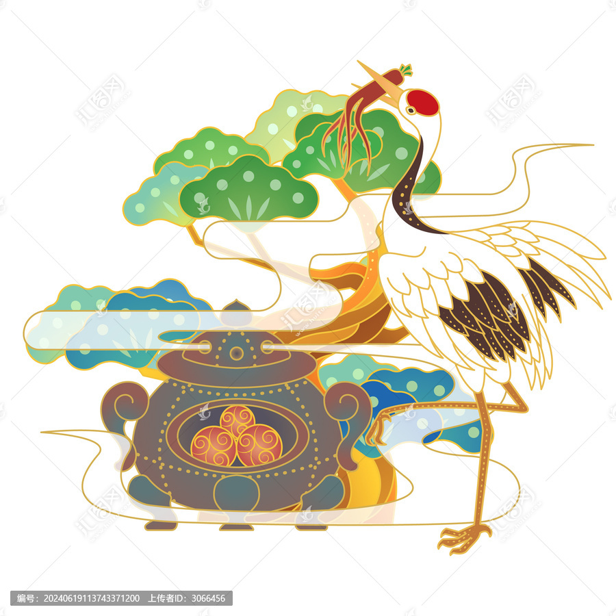 國風仙鶴松樹煉丹爐元素