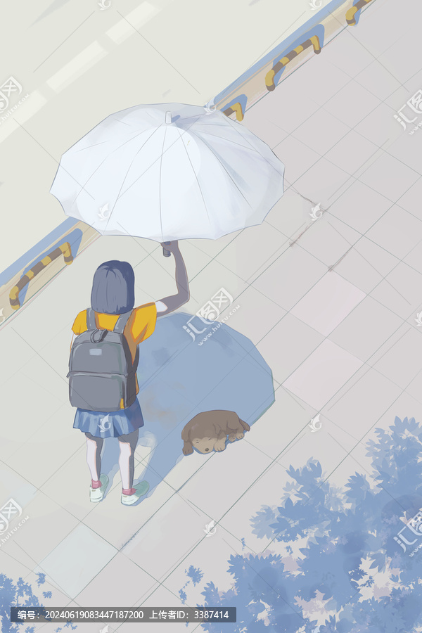 女孩給狗撐傘唯美插畫