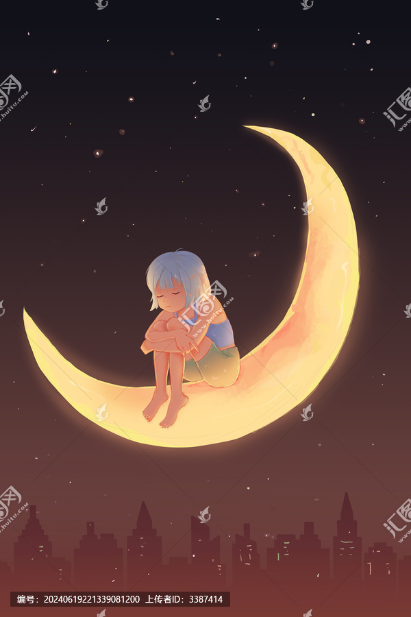 女孩坐在月亮上創意插畫