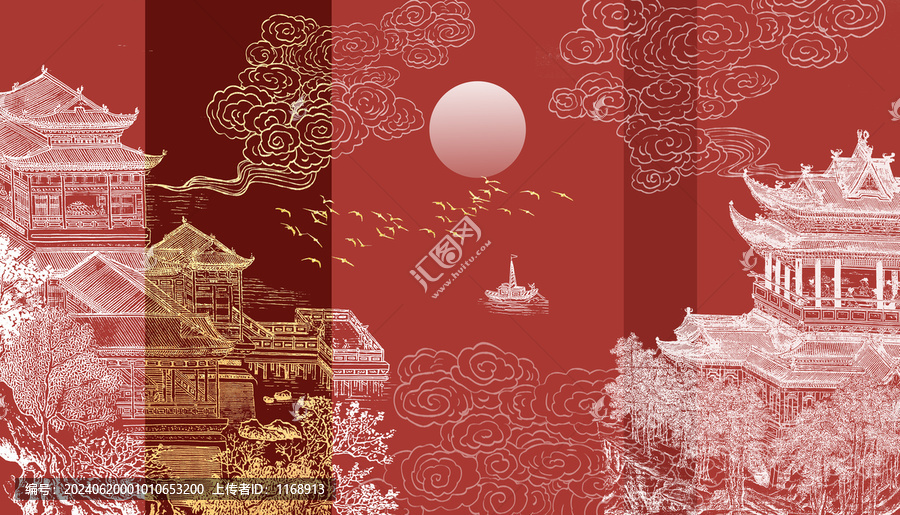 新中式山水閣樓背景墻
