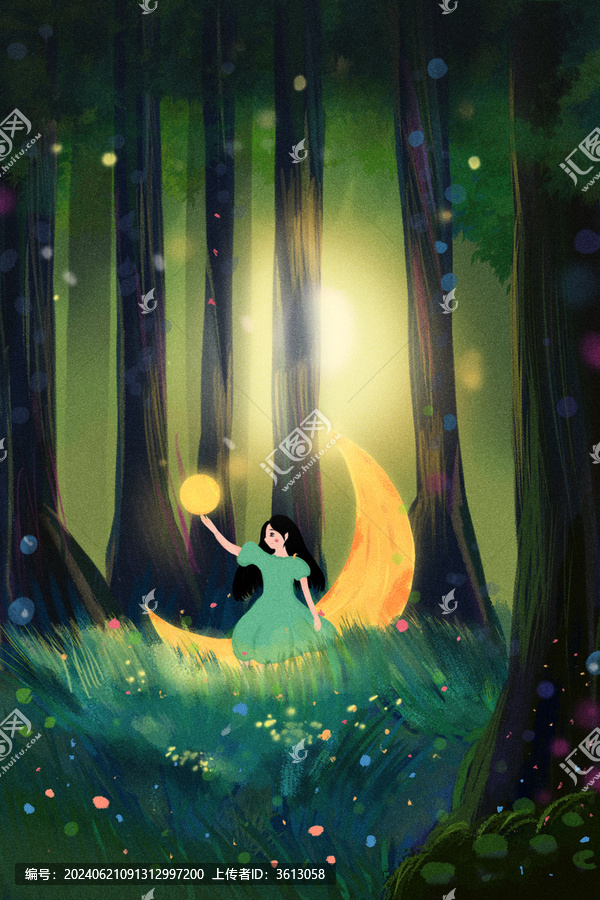 手繪小女孩夜空中坐月亮觸摸燈光