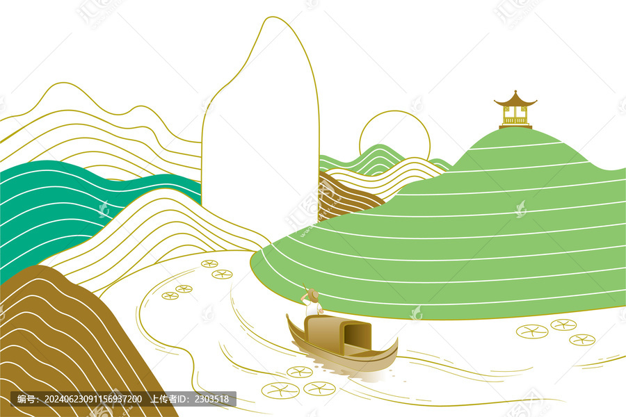 AI矢量山水船大米線條插畫素材
