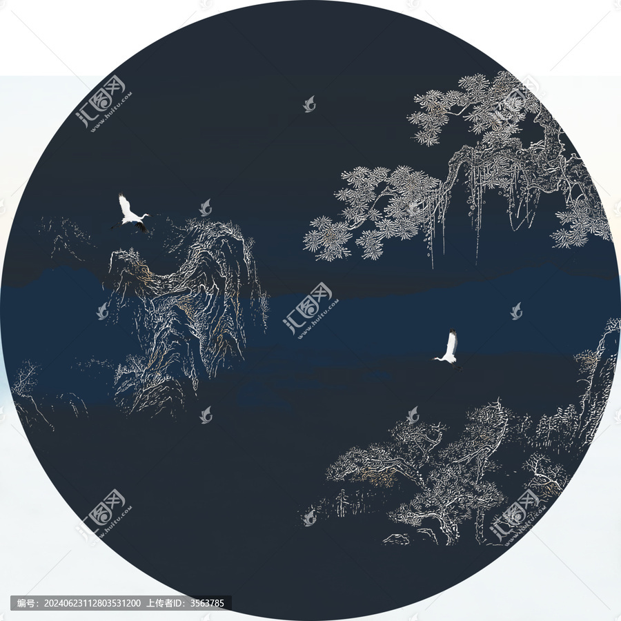手繪圓形線描山水圓形裝飾畫(huà)掛畫(huà)