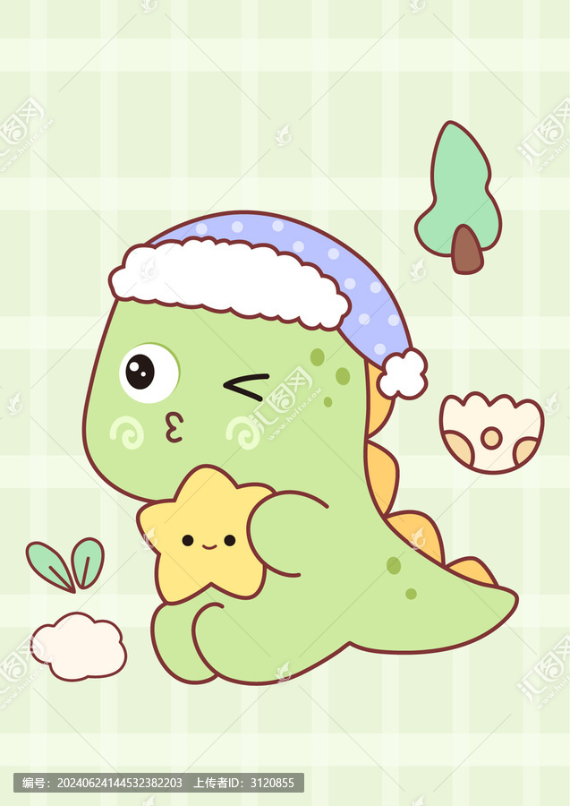 晚安綠色恐龍抱著星星