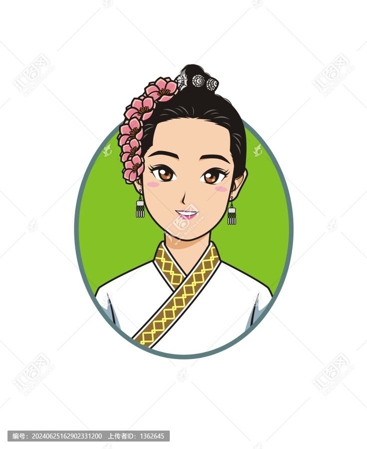 卡通傣族古裝美女頭像矢量圖