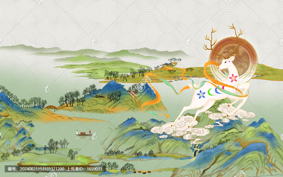 國潮梅花鹿山水