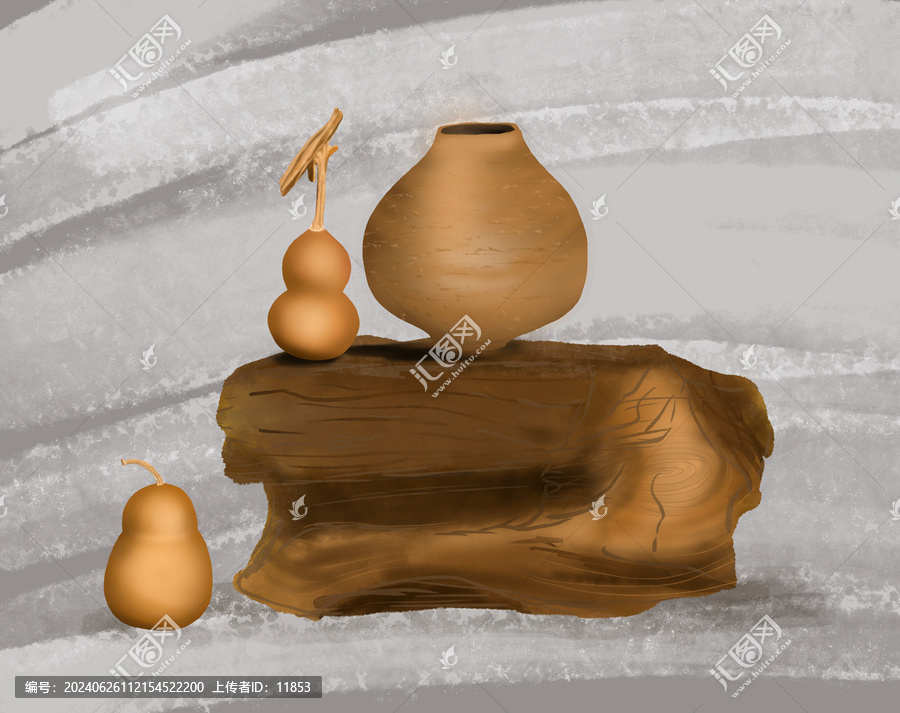 葫蘆與木頭的寫實(shí)畫作