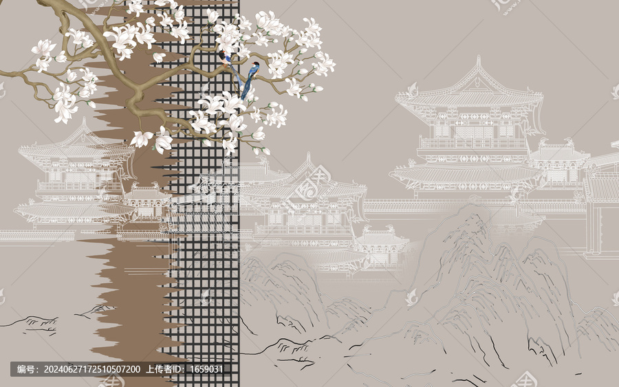 中式花鳥閣樓背景墻