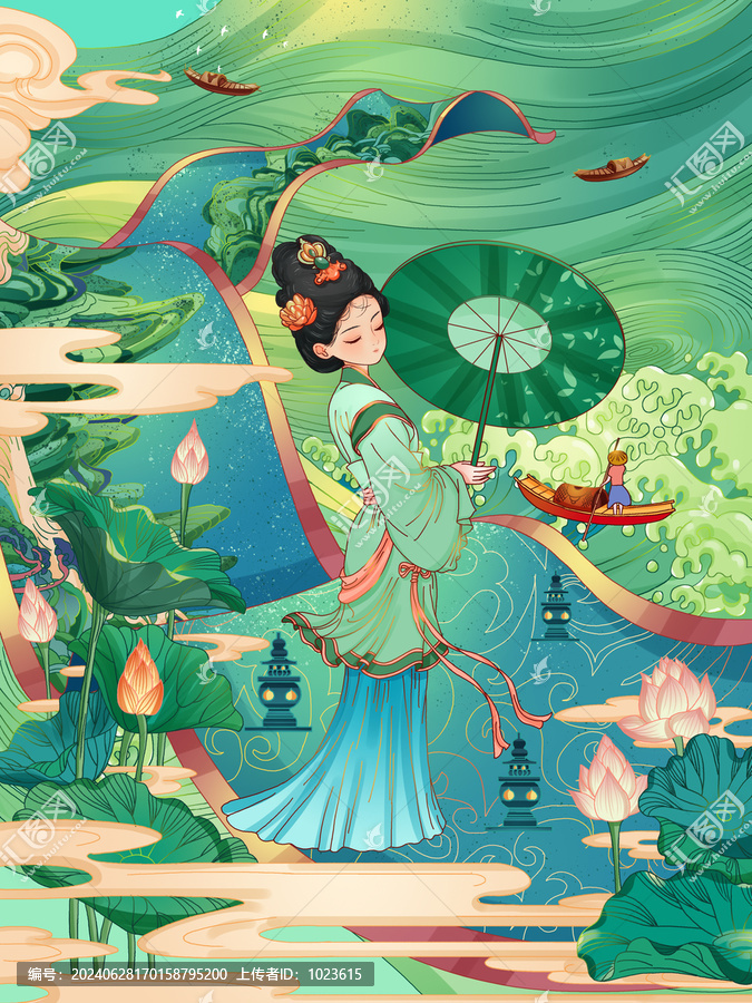 城市印象插畫杭州旅游夏季人物
