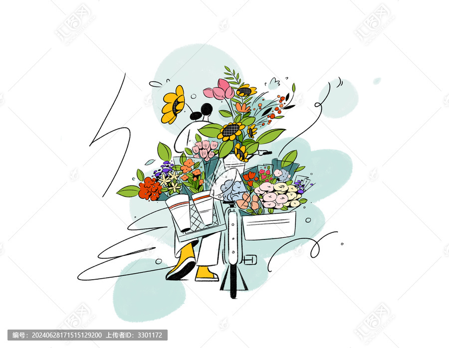 賣(mài)花的人小清新植物花卉分層插畫(huà)