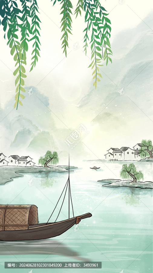 漁船柳樹(shù)水墨山水村小船流水人家