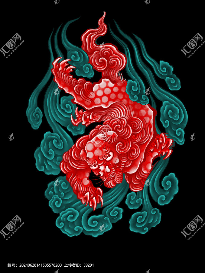 高清手繪分層福獅祥云插畫