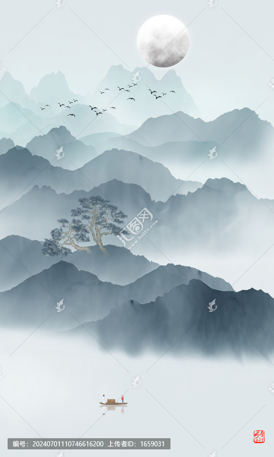 藍(lán)色豎幅山水