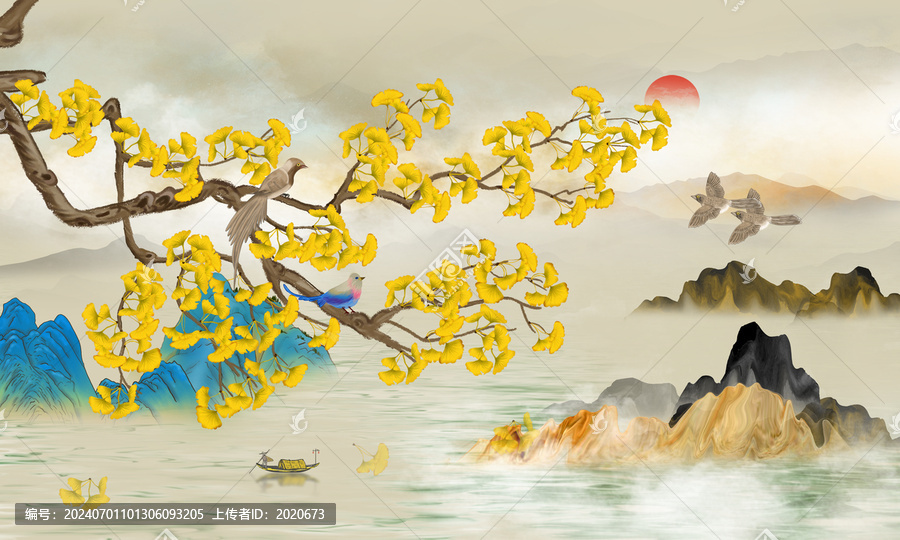 國潮銀杏葉山水插畫