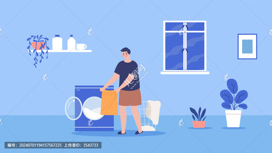 男生在洗衣服插畫