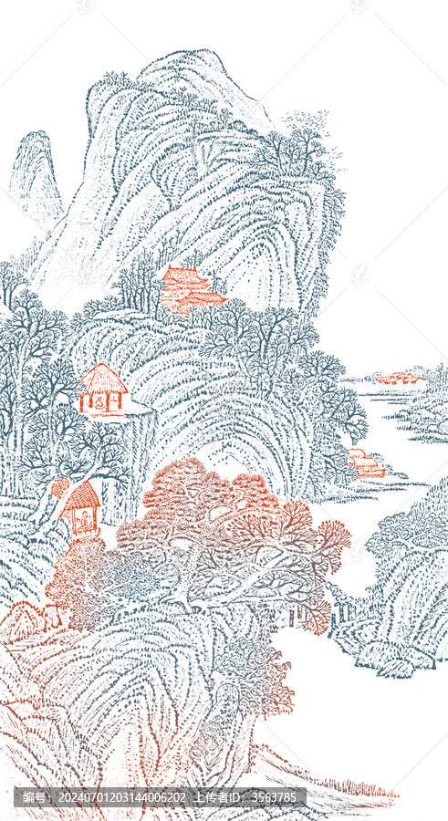 工筆山水線描古建筑墻畫掛畫