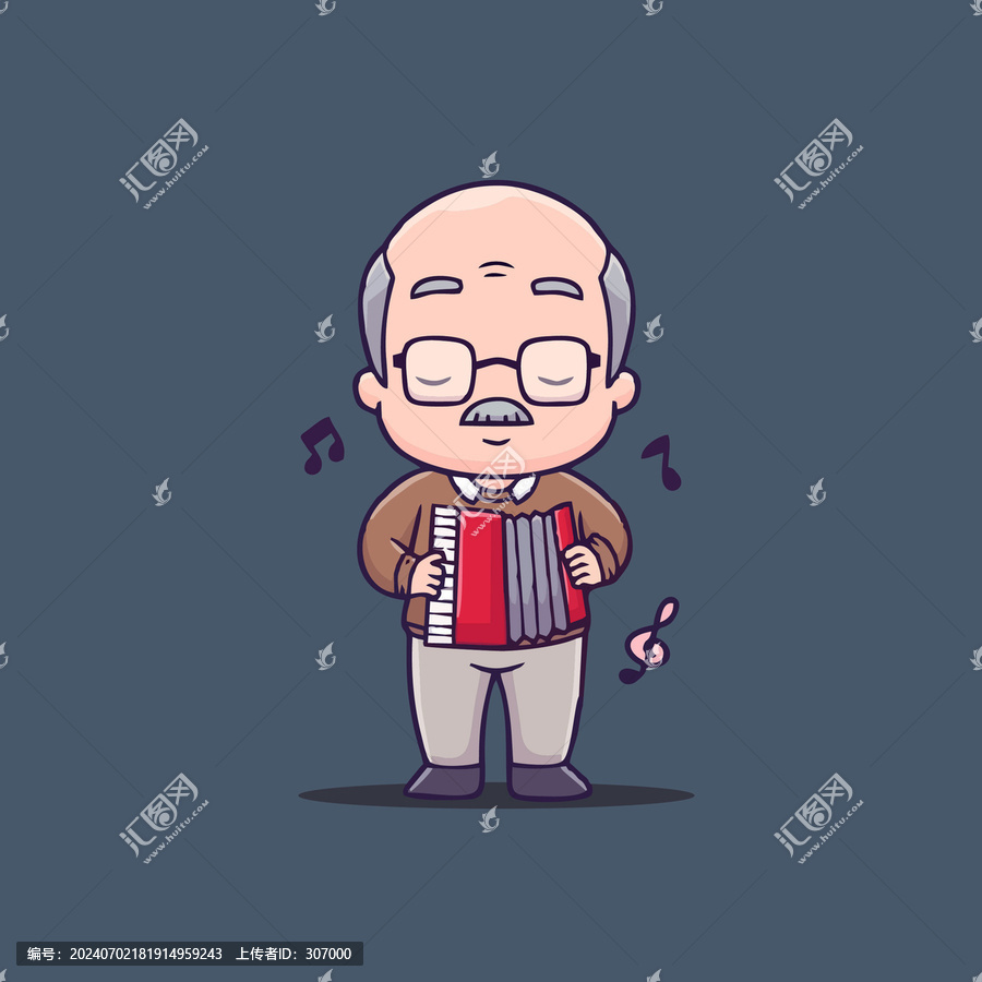 可愛拉風(fēng)琴的老爺爺Q版卡通插畫