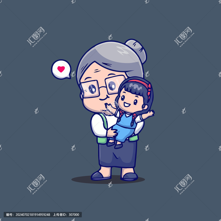 可愛抱幼兒的老婦人Q版卡通插畫