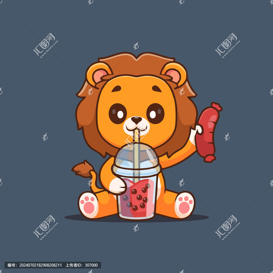 可愛喝奶茶的獅子Q版卡通插畫