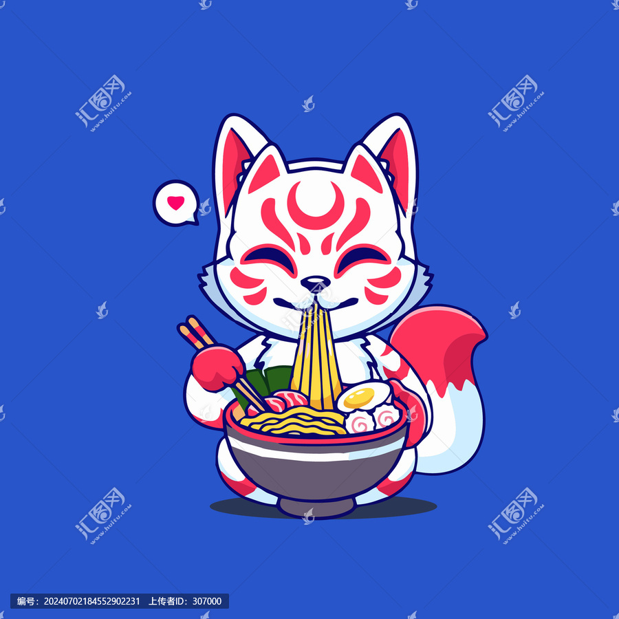可愛的狐貍面具吃面Q版卡通插畫