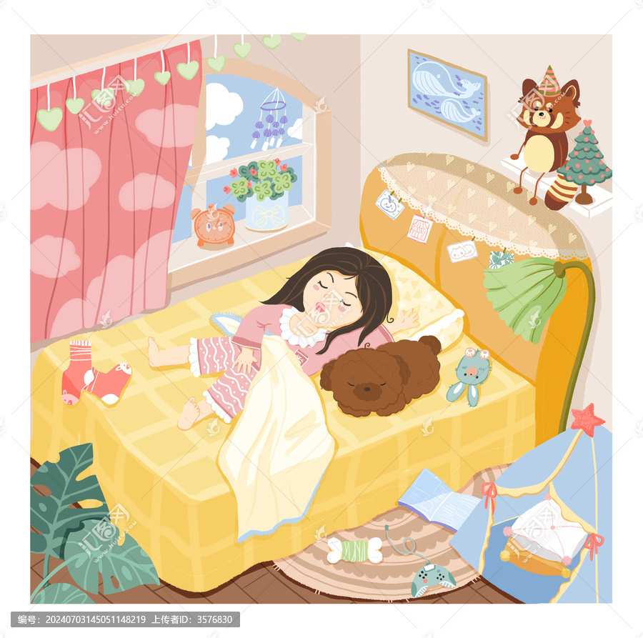 午睡時光溫馨小狗女孩