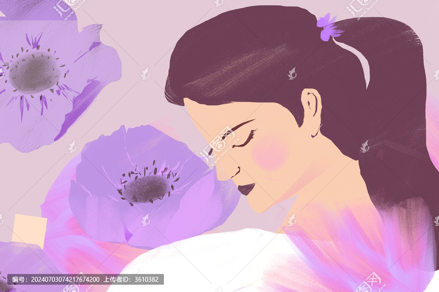 清新插畫紫色花開女生背景