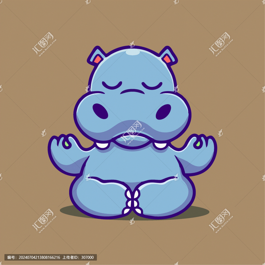 可愛靜修瑜伽河馬Q版卡通插畫