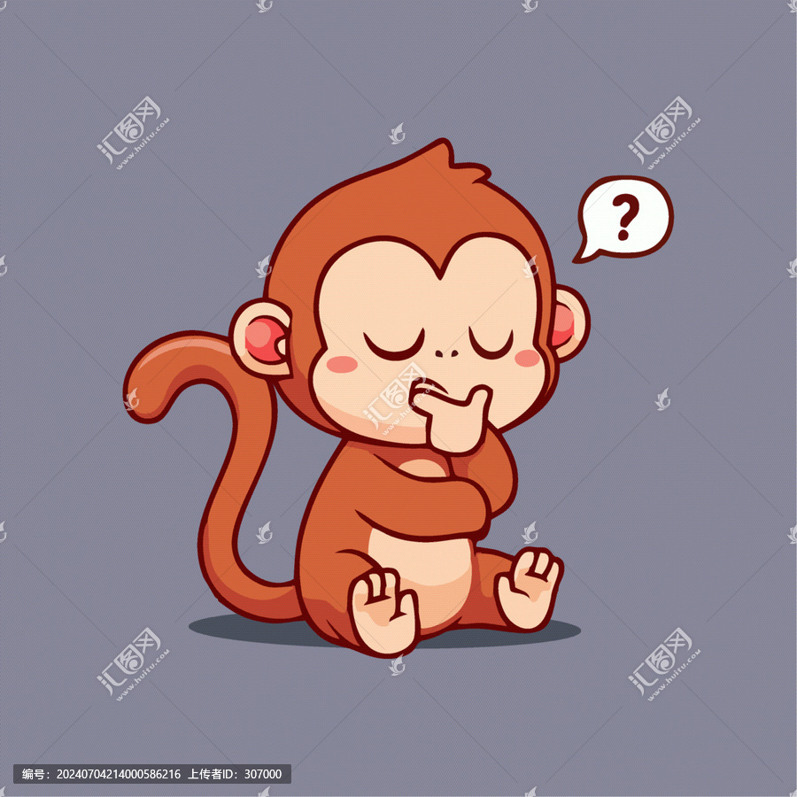 可愛思考中小猴子Q版卡通插畫