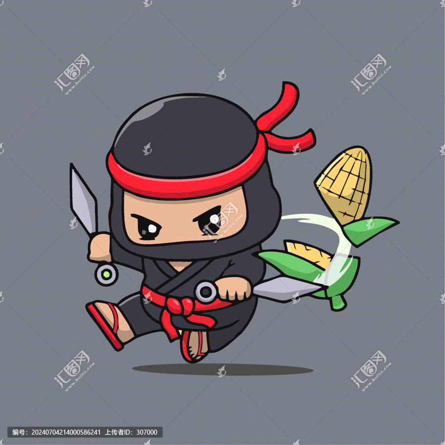 可愛持刀劈玉米忍者Q版卡通插畫