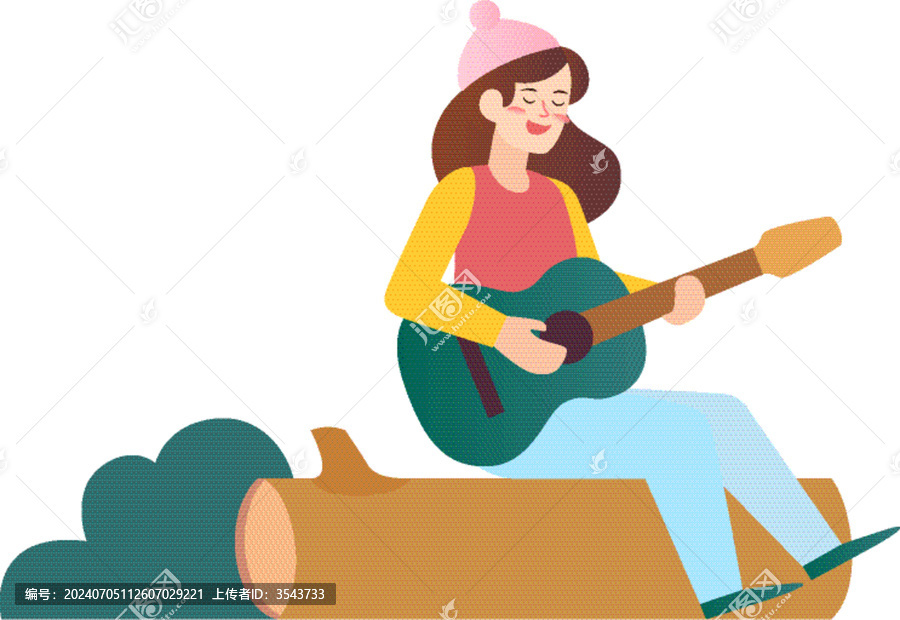 女孩坐著彈吉他插畫
