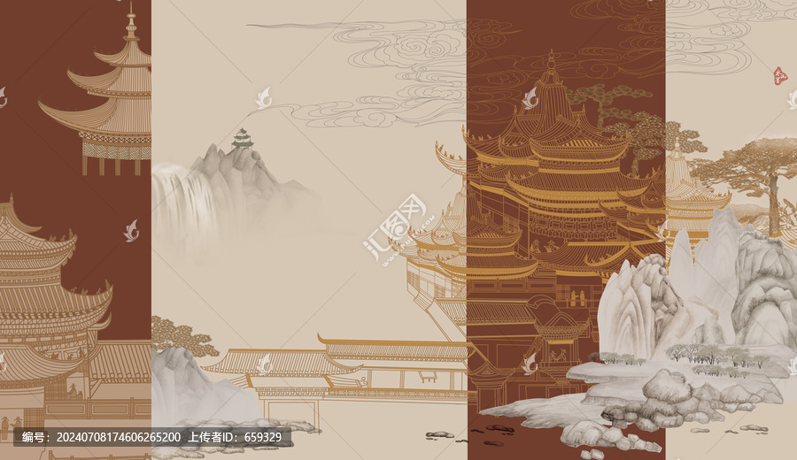 新中式山水閣樓背景墻