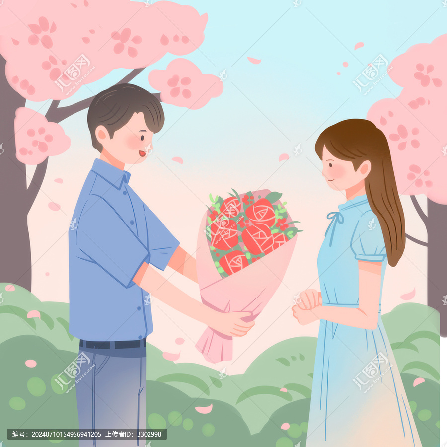 手繪七夕情人節(jié)情侶春日花束