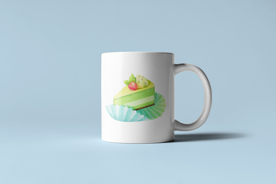 水彩風(fēng)格抹茶蛋糕裝飾插畫元素
