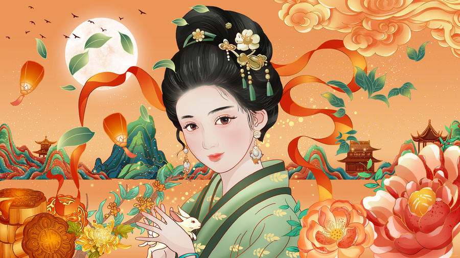 中秋節(jié)國潮古風(fēng)八月十五場景插畫