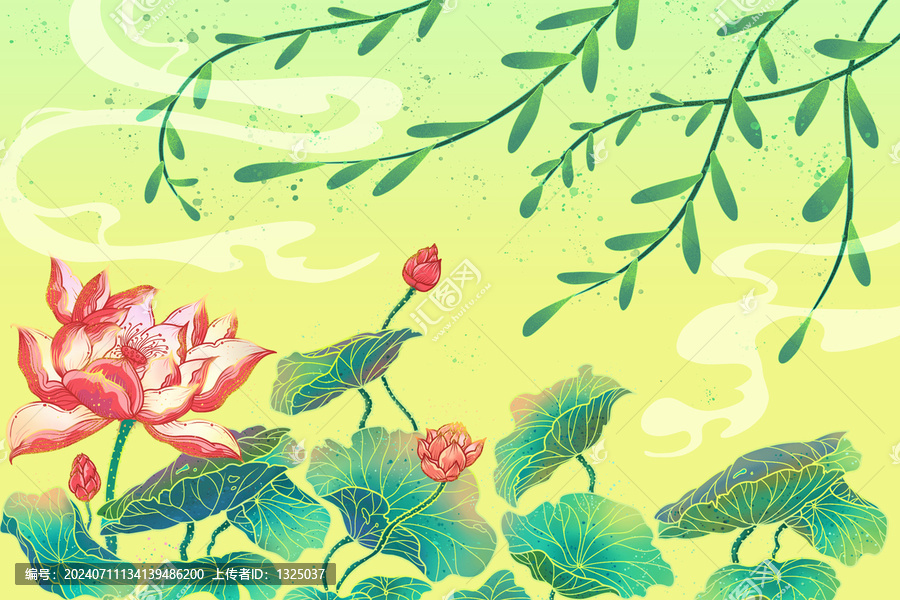 夏天蓮花與柳樹分層文件