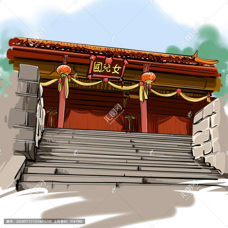 女兒國古風(fēng)舞臺場景插畫